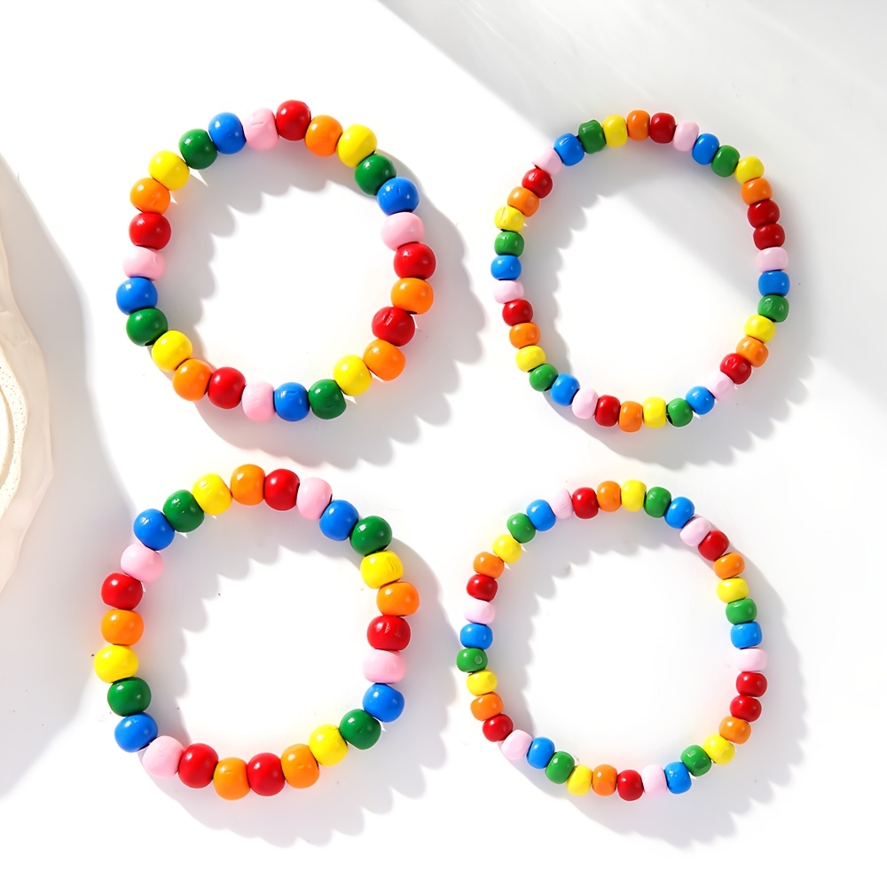 4pcs Rainbow Wooden Bead Bracelet Set Boho Style Layer Stretch Bangle